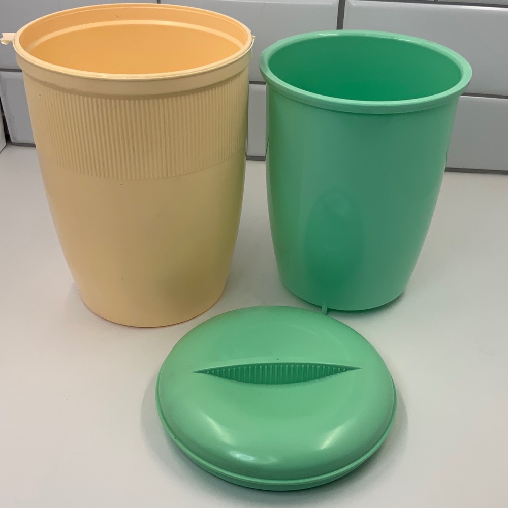 Vintage Unbranded Ribbed Thermal Ice Bucket Plastic Beige Green - Picture 2 of 11